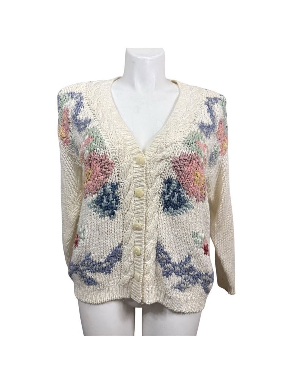 Vintage Needles & Yarn Floral Knit Cardigan Sweater Size Medium